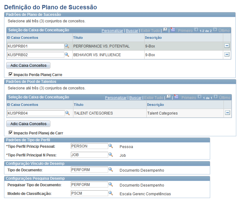 Capítulo 3 Planejando Sucessões Página Definição do Plano de Sucessão ID Caixa Conceitos Selecione até três caixas de conceitos para usar em todos os registros de planos de sucessão e pools de