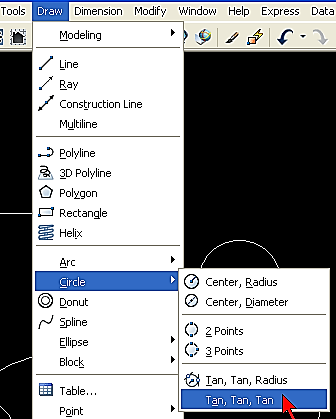 TTR Specify center point for circle or [<3P/2P/Ttr (tan tan radius)]: Desenha um círculo tangente a dois objetos selecionados e a especificação do raio. No menu Draw é o subcomando Tan, Tan, Radius.