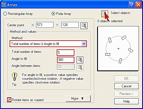 As três opções do campo Method são: Total number of items & Angle to fill - número de cópias e ângulo de rotação.