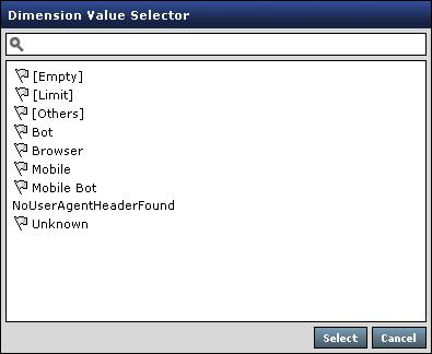Figura 21. Seletor de Valor de Dimensão Os alores entre colchetes são constantes que são designadas pelo Tealeaf. Nota: Você não pode procurar diretamente para alores nulos.