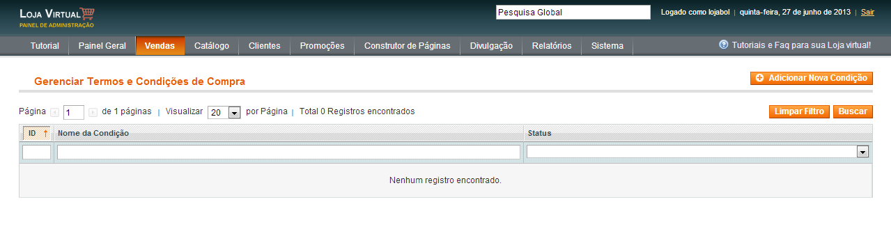 86) Como criar termos e condições? Para criar novos termos e condições, siga o procedimento abaixo: Acesse Vendas > Termos e Condições. Clique em "Adicionar nova condição".