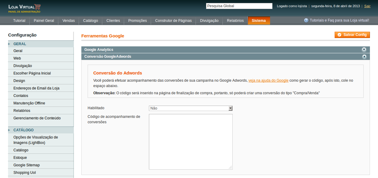 38) Como deixar a loja em modo Offline? Clique em Sistema > Configuração da Loja > GERAL > Manutenção Offline. 39) Como habilitar e configurar o Google Analytics?