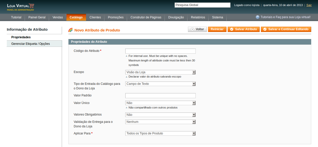 52) Meus produtos não estão sendo encontrados na busca, o que fazer? Realizar o processo de reindex geral da loja, e limpeza de cache. 53) Como cadastrar um atributo de produto?