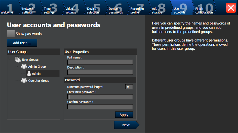 Bosch Video Management System Começar pt 53 Página User accounts and passwords Pode adicionar utilizadores, não pode