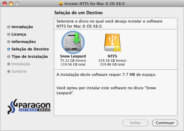 7 8. Escolha o local onde deseja instalar o controlador e clique em Continuar. O controlador pode ser instalado somente em um volume de Mac OS X ativo.