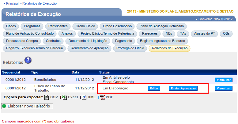 Figura 124 Importante: Os procedimentos de aprovação do Gestor Convenente e envio para o Órgão Concedente já foram demonstrados neste manual no exemplo do Relatório de Beneficiários. 8.6.