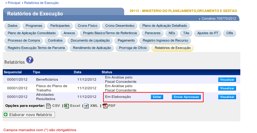 Figura 132 Importante: Os procedimentos de aprovação do Gestor Convenente e envio para o Órgão Concedente já foram demonstrados neste manual no exemplo do Relatório de Beneficiários. 8.7.