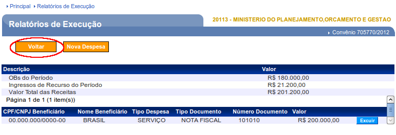 Figura 138 O sistema exibirá lista das Despesas incluídas e caso seja necessário é possível a sua exclusão do registro incluído através do botão Excluir.