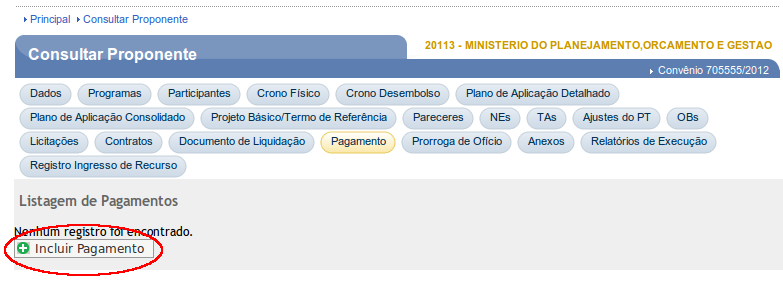 5. Incluir Pagamento Após realizar o Pagamento ao fornecedor/credor, o mesmo deverá ser registrado no sistema SICONV.