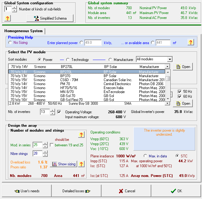 Figura 34: Print screen do ponto do dimensionamento onde escolhemos a potência de painéis pretendida, o