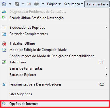 Passo 1: Com o navegador aberto, acesse a opção Ferramentas. Passo 2: Clicar no botão: Opções da Internet.