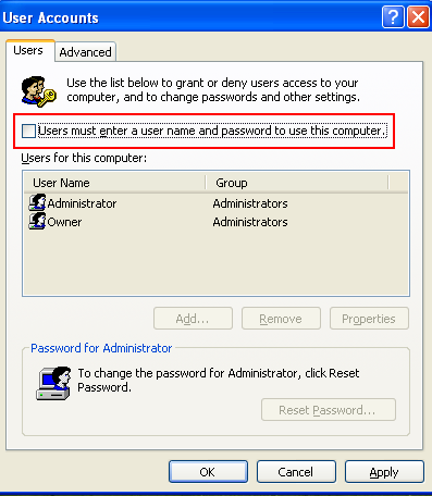 4.5 Desabilitando a Tela de Login no Windows XP Clique em Iniciar ou Start, depois em Executar ou Run Digite "Control Userpasswords2" e tecle ENTER Abrirá a tela abaixo, desabilite a opção "Os