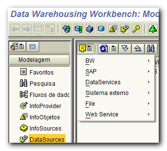 Um datasource ativo, não é reconhecido pelo BW até que você faça a replicação dos dados. Para tanto, utilize a transação do BW, RSA1. Vamos na guia de Datasources.