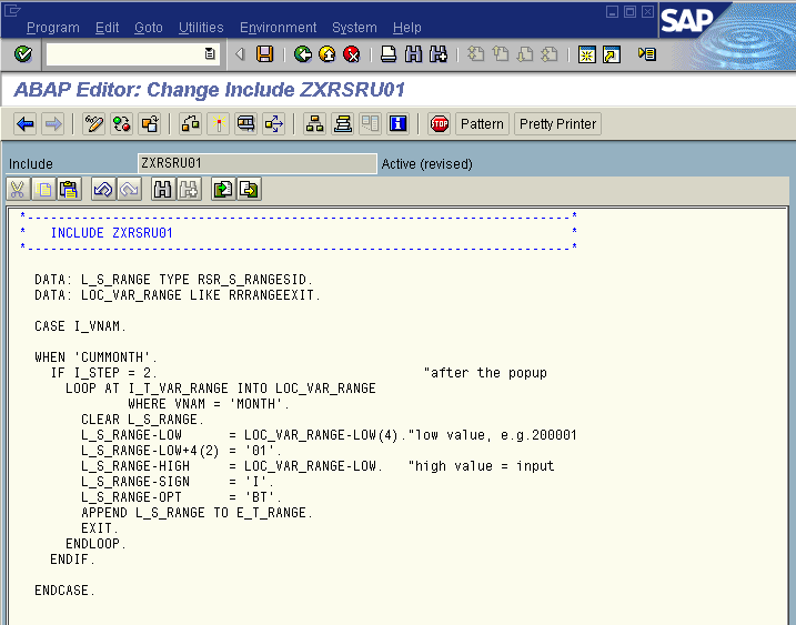 5. Double-click on EXIT_SAPLRRS0_001. For documentation place the cursor on RSR00001 and use the menu Goto -> Display documentation. 6. Then double-click on ZXRSRU01.