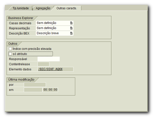 Em Outras Características, vamos definir como será a apresentação desse valor no BEX, ou seja, nos relatórios. Escolha aqui a quantidade casas decimais, a representação (1 vale 1000, 1 vale 100, etc.