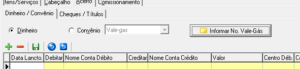 Para fazer a venda (financeira) dos vales, acesse o menu Movimento Outros tipos de Movimento. Será aberta a seguinte tela: Nela, selecione a opção 9 Venda de Vale Gás.