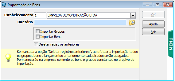 4 Utilitários 4.1 Importação de Bens Esta rotina importa o cadastro de bens através de arquivos textos (GRUPOS.TXT/BENS.TXT), dispensando o cadastro dos bens.