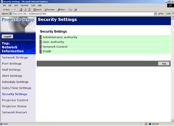 Configuração Security Settings Mostra e configura as palavras-chave e outras especificações de segurança.