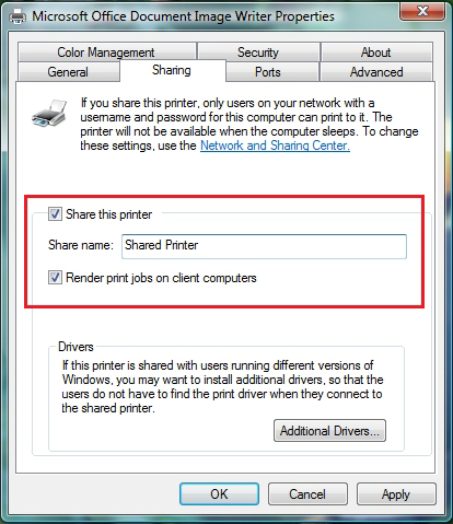 HWNR-300 4. Na janela Propriedades de [Nome da impressora], clique no botão Alterar Opções de Partilha. 5. Na janela de confirmação do Windows Vista, clique em Continuar. 6.