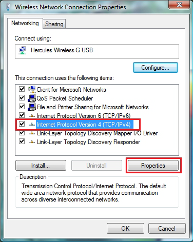 4. Na janela Wireless Network Connection Status (Estado da Ligação de Rede sem Fios), clique em Propriedades. 5. Na janela de confirmação do Windows Vista, clique em Continuar. 6.