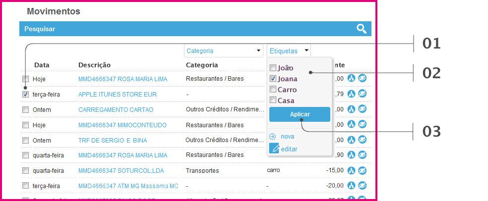 3 Atribuir a etiqueta ao movimento Para relacionar a etiqueta à despesa: [ 01 ] Marcar o movimento [ 02 ] Marcar a etiqueta, no menu etiquetas, que pretende atribuir ao movimento [ 03 ] Selecionar na