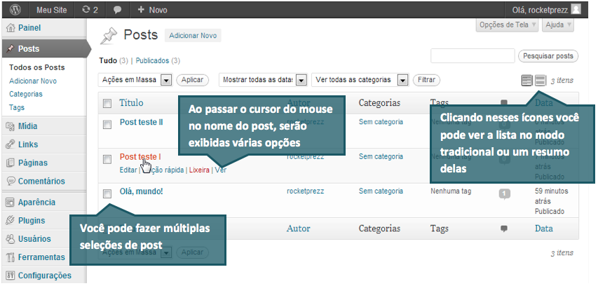 Post Depois de clicar na opção de menu Post será mostrada uma lista de posts que o site contém.