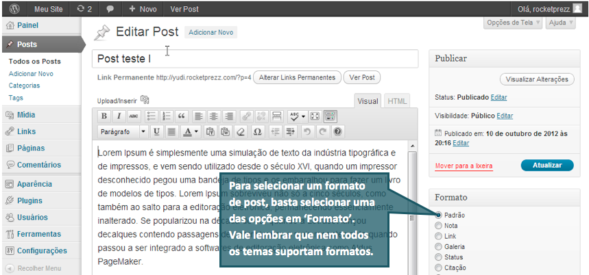 Um formato de pós é a informação meta que pode ser usado dentro de um tema de estilo, ou personalizar a apresentação de um Post.