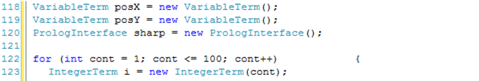 Da mesma forma a biblioteca P# fornece a seguinte interface para realizar a mesma consulta em C#: VariableTerm Nome = new VariableTerm(); PROLOGInterface sharp = new PROLOGInterface(); sharp.