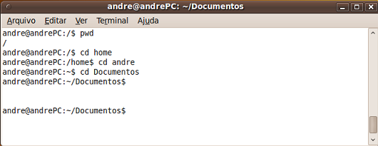 No terminal, acesse a mesma pasta que estávamos utilizando, neste caso a pasta documentos do usuário atual do sistema.