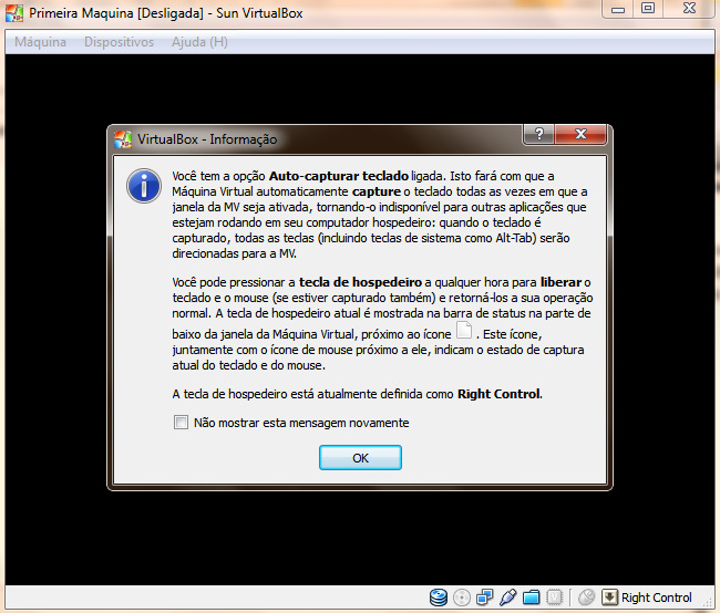Da mesma forma que em outras aplicações de máquinas virtuais, o VirtualBox também realiza a captura de teclas para o sistema.