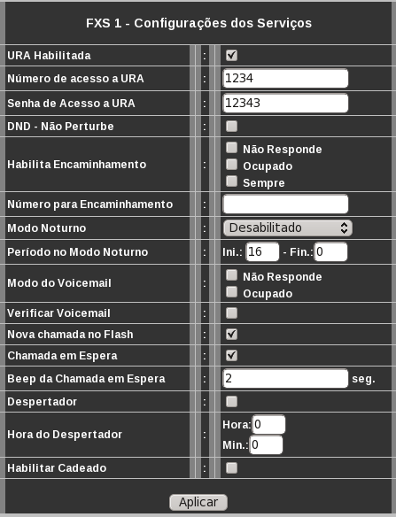 4.7.3 Configurações dos Serviços (submenu Serv) Menu de configuração dos serviços relativos a cada interface FXS. URA Habilitada Habilita a URA interna do dispositivo.