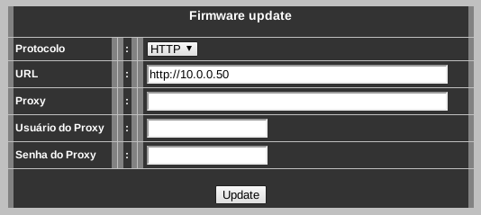 4.12.1 Atualização do Sistema (submenu Update) Menu de atualização do dispositivo. Configure os campos a seguir e pressione o botão Update.