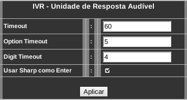 4.14 Configuração de Serviços (menu SRV) 4.14.1 Configuração da URA (submenu IVR) Menu de configurações da URA interna do dispositivo.