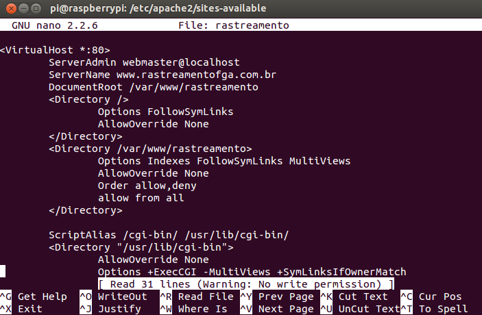 92 ANEXO IV: Configuração do Servidor no Raspberry PI 1. Criou-se um diretório chamado rastreamento em /www/var/ com os comandos: sudo cd /www/var sudo mkdir rastreamento 2.