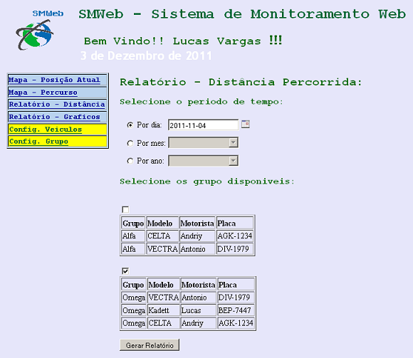 81 Figura 45 Tela de configuração do relatório de distância percorrida, com grupos Assim como os gráficos individuais, é possível escolher 3 intervalos de tempo para serem utilizados no eixo