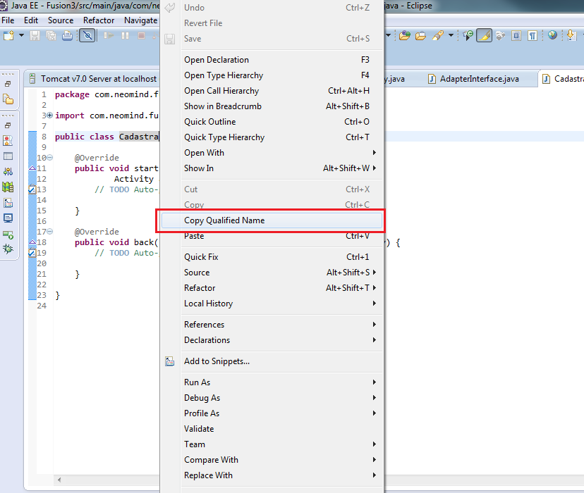 A maneira mais segura de copiar o namespace no Eclipse é posicionar o cursor sobre o nome da classe e clicar com o botão direito, selecionar o item Copy Qualified Name, o