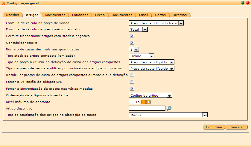 Figura 11 Janela Configuração Geral separador Artigos Após configuração inicial da aplicação, a introdução dos ficheiros é o próximo passo para preparar a aplicação para trabalhar.