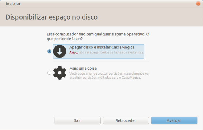 Figura 18 Disponibilizar Espaço no Disco Se escolheu a opção Apagar disco e Instalar Caixa Mágica, irá aparecer todo o espaço livre que o seu disco possui e a escolha do disco rígido que pretende