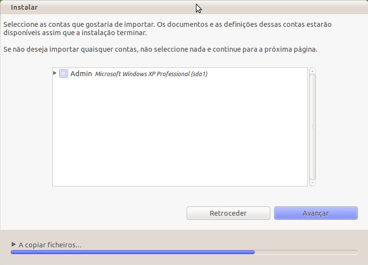 Seguido isso irá aparecer um ecrã onde lhe perguntará se quer importar os documentos e as definições que estão na sua conta de outro sistema operativo que esteja instalado: Figura 26 Escolha das