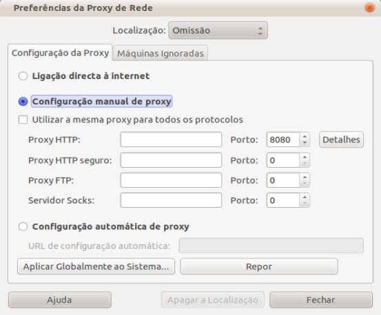 5.4.3.Proxy de Rede Clique no menu Sistema Preferências Proxy de Rede para aceder à janela de configuração da proxy a utilizar no sistema.