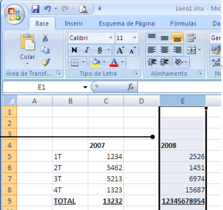 Formatação de células Dimensões Ao contrário, o Excel altera