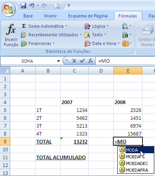 Moda A moda é o valor que ocorre ou que se repete com mais frequência numa matriz ou intervalo de dados. A sua sintaxe no Excel é MODA.