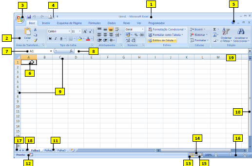 11. Separadores de folhas 12. Botão de macros 13. Modo de visualização normal 14. Modo de esquema de página 15.