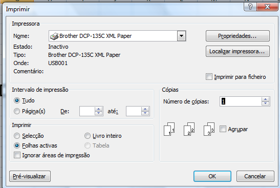 Imprimir A opção Imprimir é a predefinida se clicar em Imprimir a partir do Menu do Office.