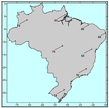 Figura 1: Vetor diferença de deslocamento horizontal entre os sistemas SAD69 e SIRGAS2000.