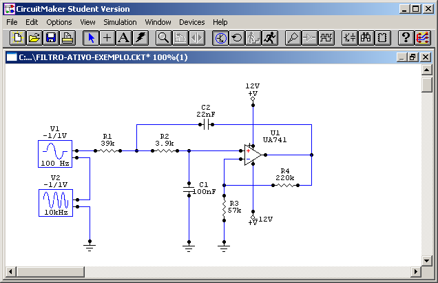4. Exemplo de simulação analógica de um filtro ativo Ao realizar os passos descritos nesta seção será possível realizar a simulação de um filtro ativo de 2ª ordem de resposta tipo Chebyshev com