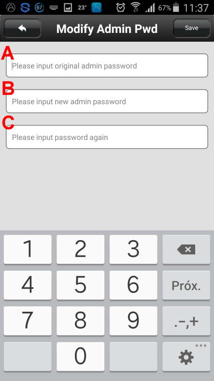 Modificar a senha de administrador: 1- Acessar as configurações da câmera selecionando A Settings no menu e depois em B Security Settings : A: B: 2- Clicar em Admin password, preencha os dados e