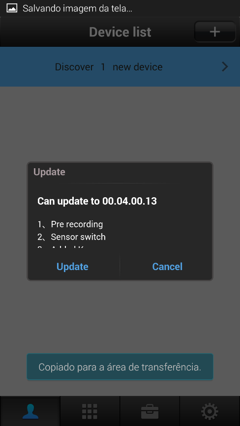 10.1- Se notificado sobre atualização, atualizar clicando em Update. Aguardar pelo menos 2 minutos até que todo o processo seja realizado sem desligar a câmera ou o celular.
