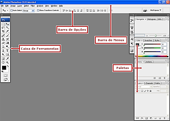 Os seguintes componentes fazem parte da janela do Photoshop CS3 Extended: Caixa de Ferramentas: contém as principais ferramentas de criação, manipulação e edição de objetos gráficos do programa.