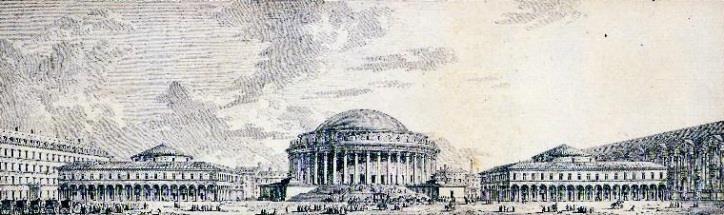 Ilustração 23 e Ilustração 24 Planta de localização e perspectiva do projecto do teatro da Ópera, (Paris, França), E.L. Boullée, 1781. (Aymonino, 1984, p. 63).